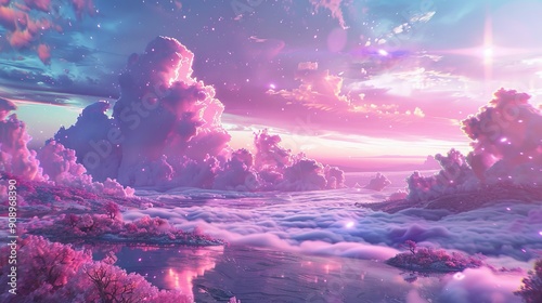 A picturesque scene showcasing pink clouds floating over a misty landscape at twilight, creating a magical and serene ambiance reminiscent of a dreamlike world.