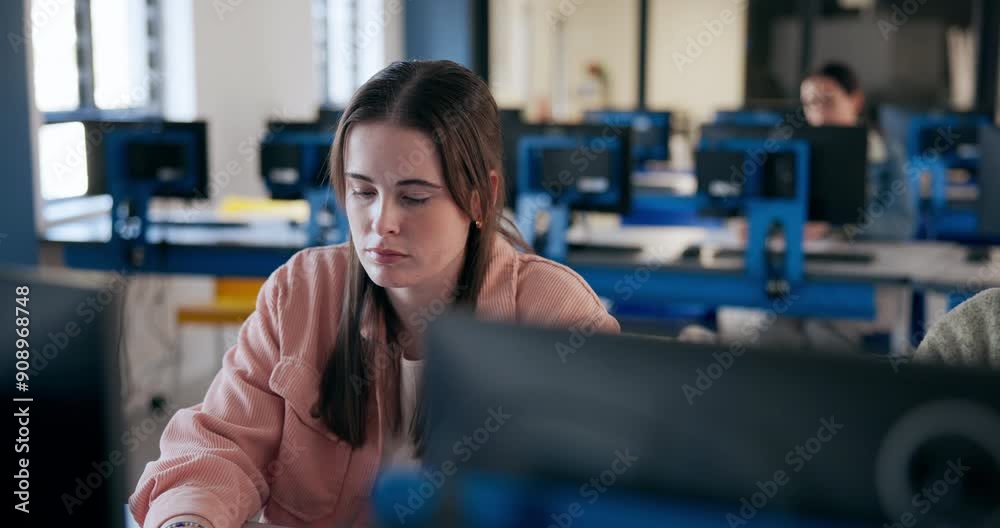 Computer, learning and girl student in classroom for education, lecture or lesson at college. Scholarship, study and university with learner or pupil in school class for online assessment and report Computer, learning and girl student in classroom for education, lecture or lesson at college. Scholarship, study and university with learner or pupil in school class for online assessment and report