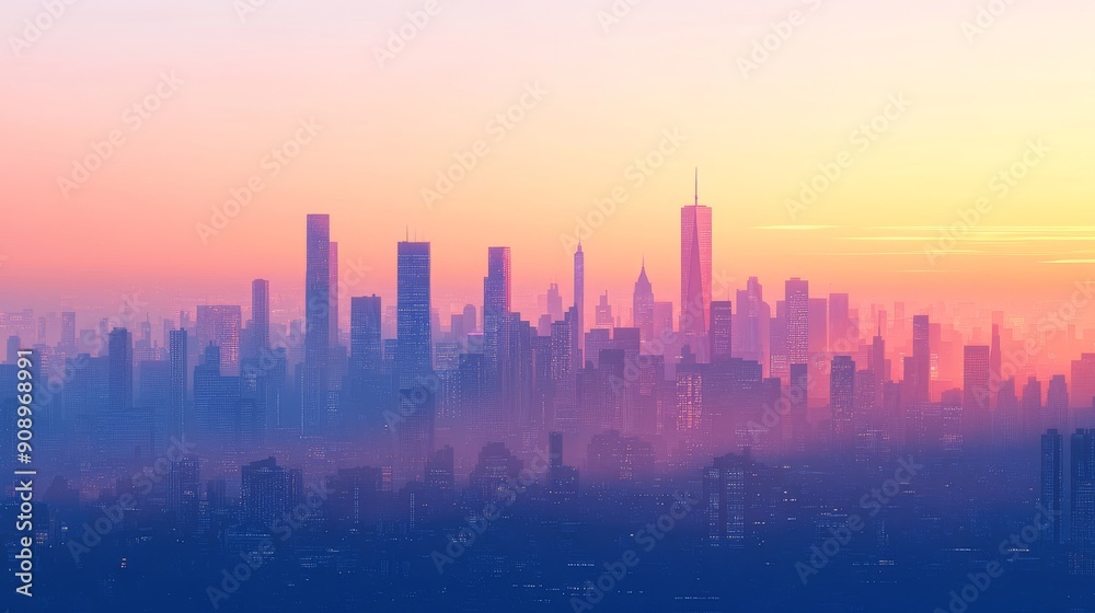 Cityscape at Sunset with Fog and Skyscrapers