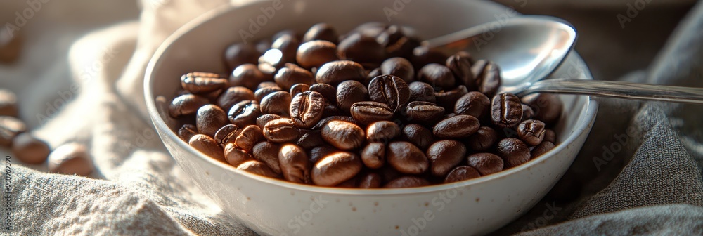 Fototapeta premium A close-up shot of roasted coffee beans in a white bowl with a spoon, symbolizing energy, aroma, freshness, indulgence, and morning routine.
