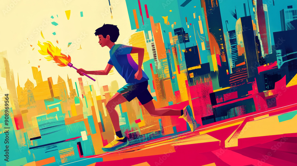 Running Towards Success In A Vibrant Cityscape - A young man running with a torch in his hand, symbolizing ambition, determination, progress, and a bright future against a colorful city backdrop. Running Towards Success In A Vibrant Cityscape - A young man running with a torch in his hand, symbolizing ambition, determination, progress, and a bright future against a colorful city backdrop.