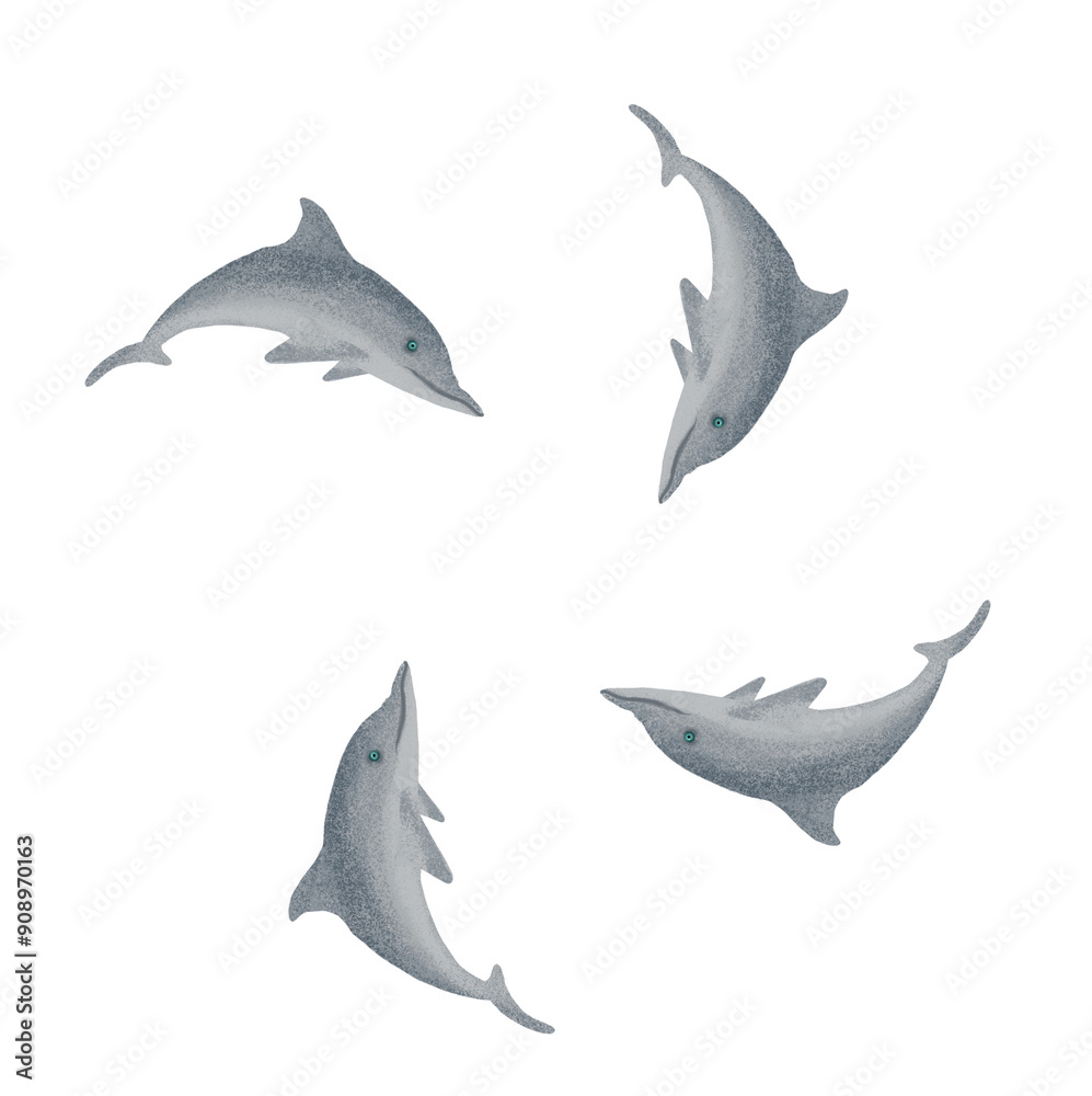 Illustration depicting four grey dolphins swimming freely in clear blue water and forming a perfect circle with their bodies Illustration depicting four grey dolphins swimming freely in clear blue water and forming a perfect circle with their bodies