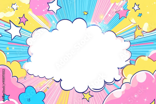Cute cartoon comic book background with white space in the center, vector illustration, colorful splash of color, in the style of cartoon, cartoon clouds and stars, pink yellow blue, cartoon design, c