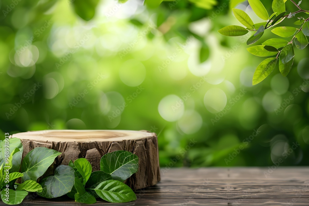 Serene Natural Podium Made of Tree Stump Encircled by Lush Green Foliage Serene Natural Podium Made of Tree Stump Encircled by Lush Green Foliage