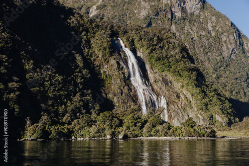 Bowen Falls waterfall located in Milford Sound, New Zealand