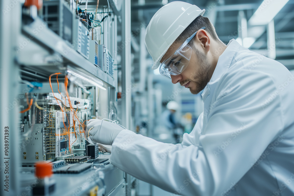 An engineer working in a white uniform and protective goggles is checking the chips of electronic devices in front of laboratory equipment and modern engineering machinery, laboratory background.