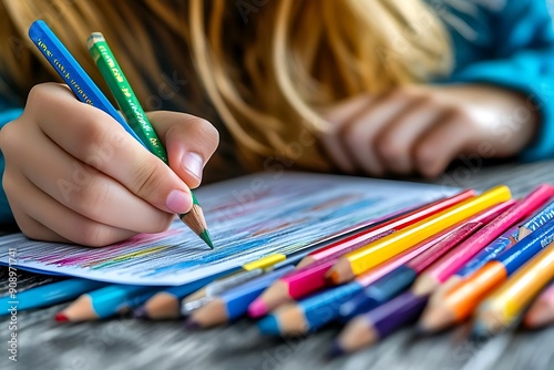 Child's Hand Coloring with Colored Pencils