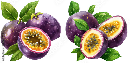 Set of Passion Fruit Watercolor Clipart Transparent Background, Transparent png file, Clipart Illustration, Graphic Painting, Art design, Generative AI