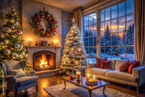 New Year’s Christmas interior featuring a room elegantly decorated for the holiday. Includes a cozy fireplace, festive garlands, candles, a beautifully adorned Christmas tree, and presents.