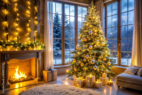 New Year’s Christmas interior featuring a room elegantly decorated for the holiday. Includes a cozy fireplace, festive garlands, candles, a beautifully adorned Christmas tree, and presents. 
