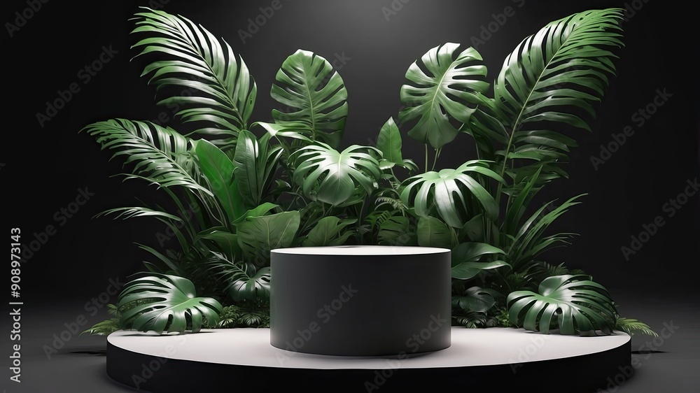 3D render podium showcased on a light black background with shadows in green tropical leaves of plants 3D render podium showcased on a light black background with shadows in green tropical leaves of plants