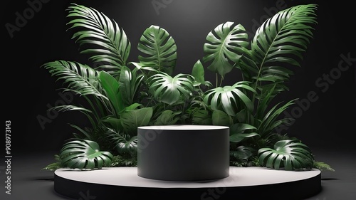 3D render podium showcased on a light black background with shadows in green tropical leaves of plants