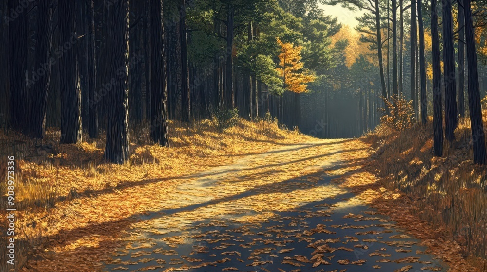 Fototapeta premium Forest road with fallen pine needles, autumn ambiance
