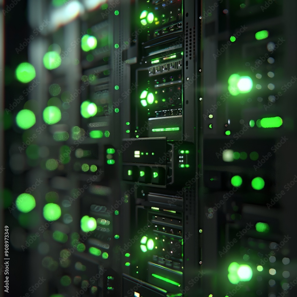 Network Servers Illuminated by Green Lights in a Modern Data Center During Nighttime