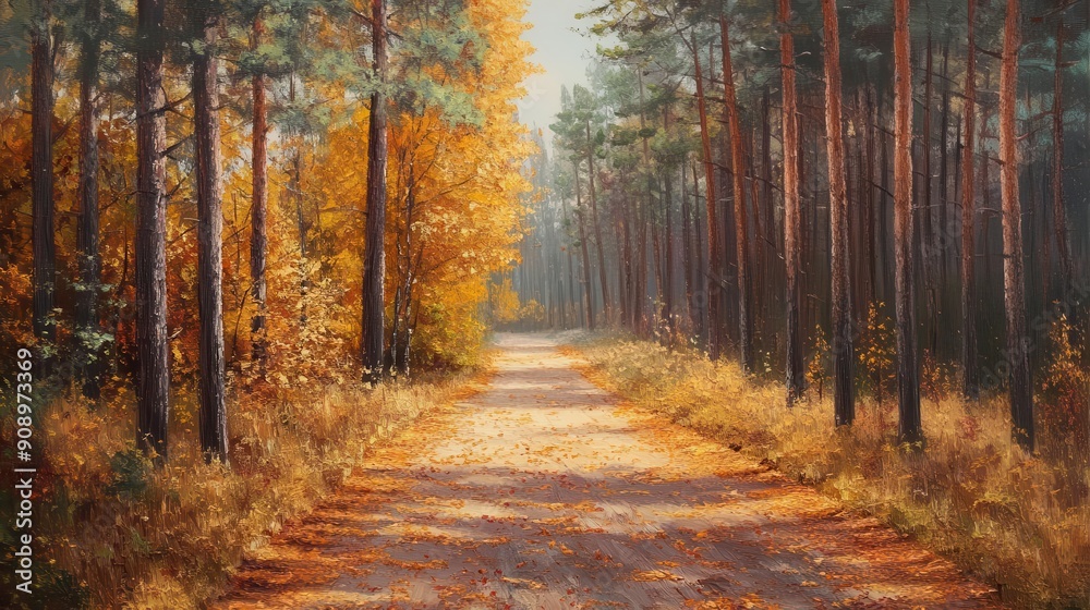 Fototapeta premium Forest road with fallen pine needles, autumn ambiance
