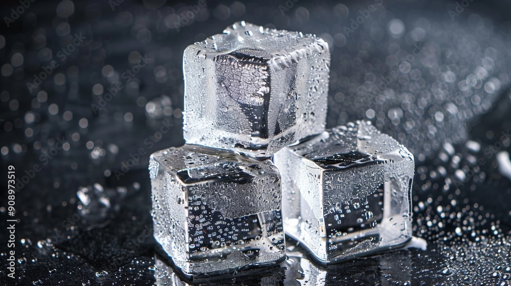 A close-up shot of three ice cubes beginning to melt on a reflective surface, capturing the cool and refreshing essence of ice and the dynamic interplay of light and water. A close-up shot of three ice cubes beginning to melt on a reflective surface, capturing the cool and refreshing essence of ice and the dynamic interplay of light and water.