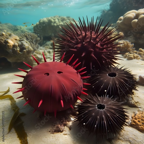 Red Slate Pencil Urchin and Needle-spined urchins, Hawaii, USA photo