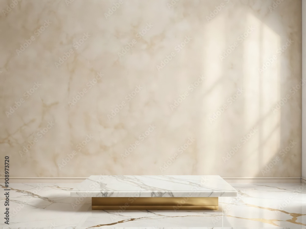 Elegant marble product display podiums in minimalist interior settings. Luxurious white and gold platforms for showcasing high-end items Elegant marble product display podiums in minimalist interior settings. Luxurious white and gold platforms for showcasing high-end items