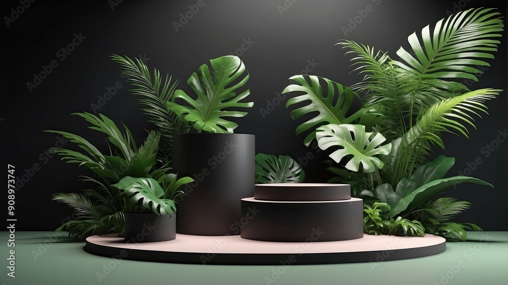 3D render podium showcased on a light black background with shadows in green tropical leaves of plants 3D render podium showcased on a light black background with shadows in green tropical leaves of plants