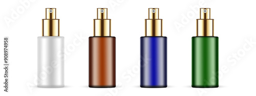 Spray Bottles Set With Golden Caps, Isolated On White Background, Front View. Vector Illustration