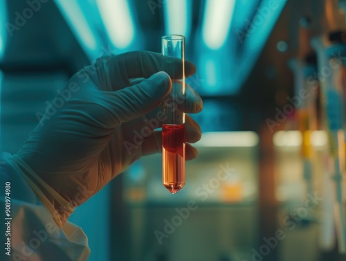 Detailed shot of a scientists hand holding a test tube, medical laboratory setting