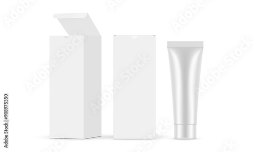 Rectangular Packaging Boxes With Plastic Tube, Front And Side View, Isolated On White Background. Vector Illustration
