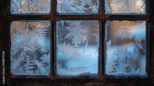 Winter morning view through frost-covered window panes, showcasing beautiful and intricate icy artwork that captures the serene and tranquil essence of the season.