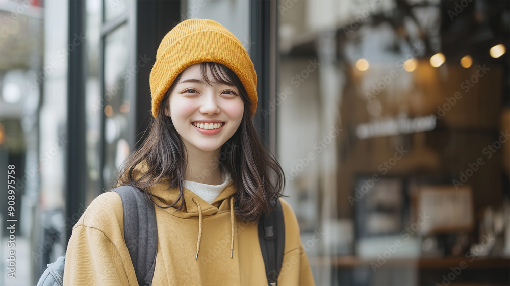 都会のカフェ前でカジュアルな若い日本人女性 都会のカフェ前でカジュアルな若い日本人女性