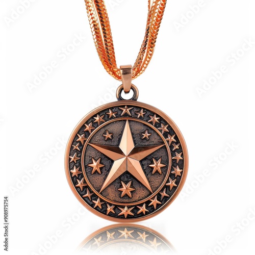 Bronze medal with embossed stars, isolated white background, front angle, reflective finish, crisp detail, ultra-clear