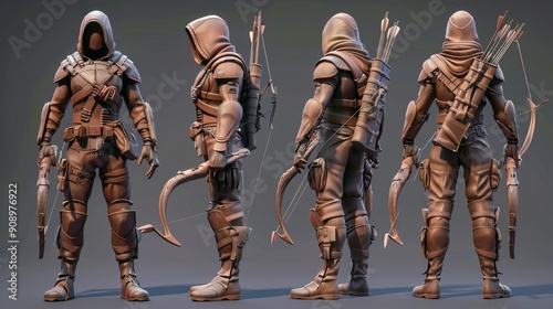 A highly detailed 3D model of an archer character shown from multiple perspectives, showcasing intricate design elements, equipment, and poses reflecting preparedness and strategy.