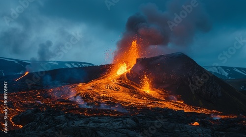 An active volcano erupts, spewing hot lava and ash into the air under dark, foreboding skies, showcasing nature's raw power and fiery beauty in a dramatic landscape.