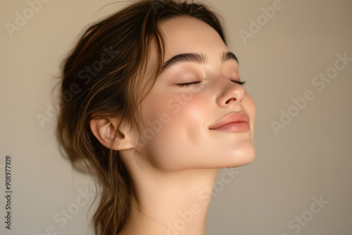 A close up of a girl's face with her eyes closed