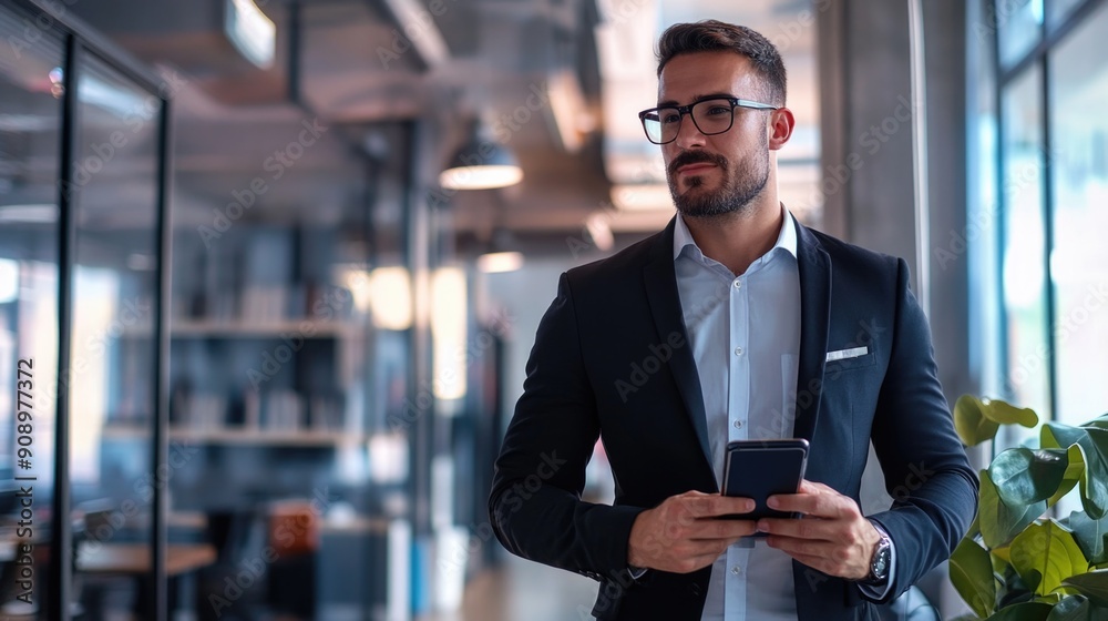 Happy young businessman enjoying outdoors and using smartphone Happy young businessman enjoying outdoors and using smartphone