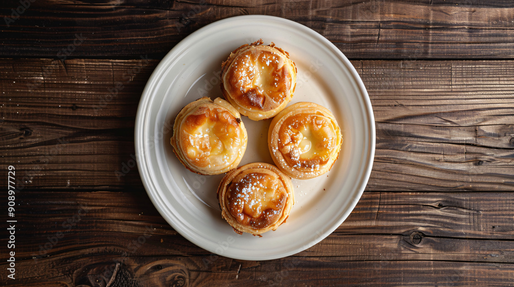Four golden brown pastries with powdered sugar are served on a white plate resting on a rustic wooden table Four golden brown pastries with powdered sugar are served on a white plate resting on a rustic wooden table