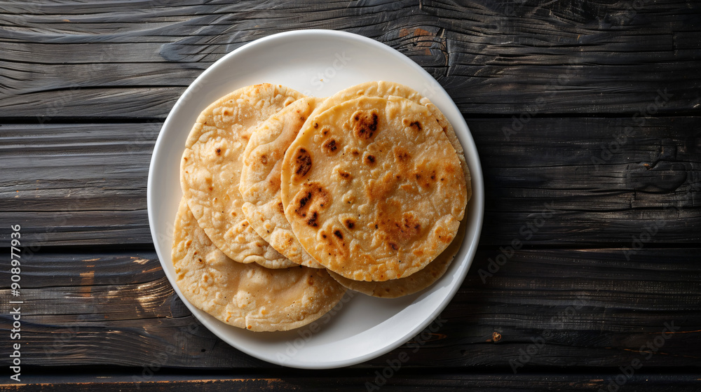 Freshly made wheat tortillas displayed on a white plate, ready for serving Freshly made wheat tortillas displayed on a white plate, ready for serving