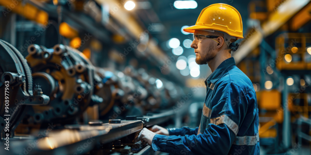 A focused worker in a hard hat and safety gear inspecting machinery in a high-tech industrial manufacturing facility. A focused worker in a hard hat and safety gear inspecting machinery in a high-tech industrial manufacturing facility.