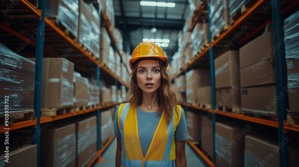 Portrait of surprised woman, storekeeper or worker. Background warehouse, shelves with cardboard boxes. Warehouse manager in helmet and safety vest. Surprised manager looking at camera. AI generative Portrait of surprised woman, storekeeper or worker. Background warehouse, shelves with cardboard boxes. Warehouse manager in helmet and safety vest. Surprised manager looking at camera. AI generative