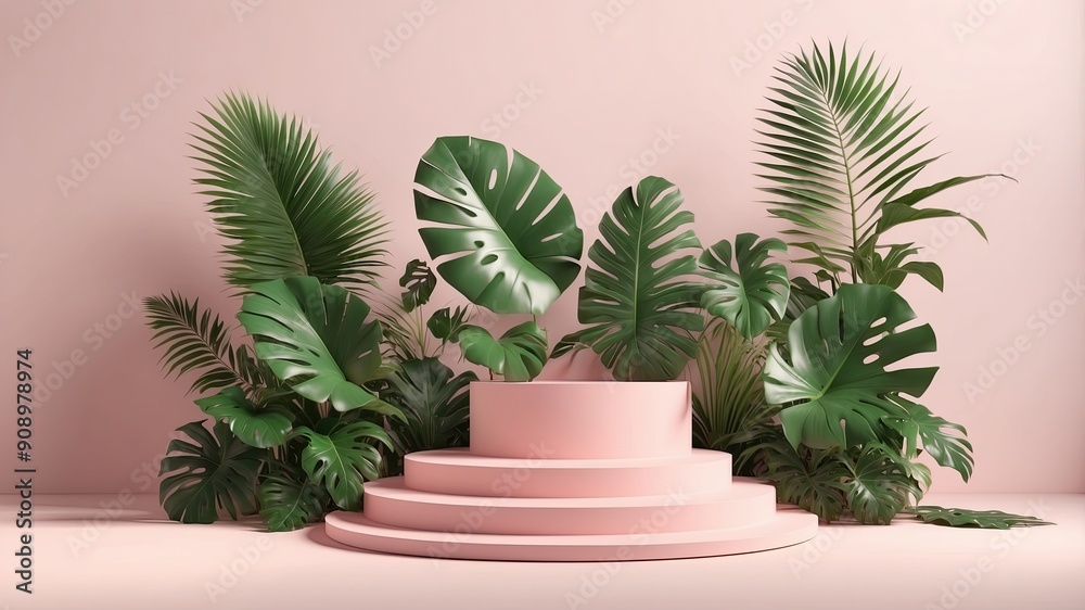 3D render podium showcased on a light pink background with shadows in green tropical leaves of plant 3D render podium showcased on a light pink background with shadows in green tropical leaves of plant