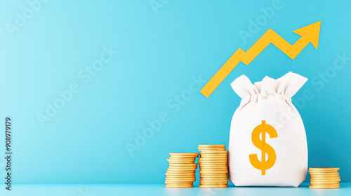 A bag of money and stacks of coins with an upward arrow representing growth and financial success on a blue background.