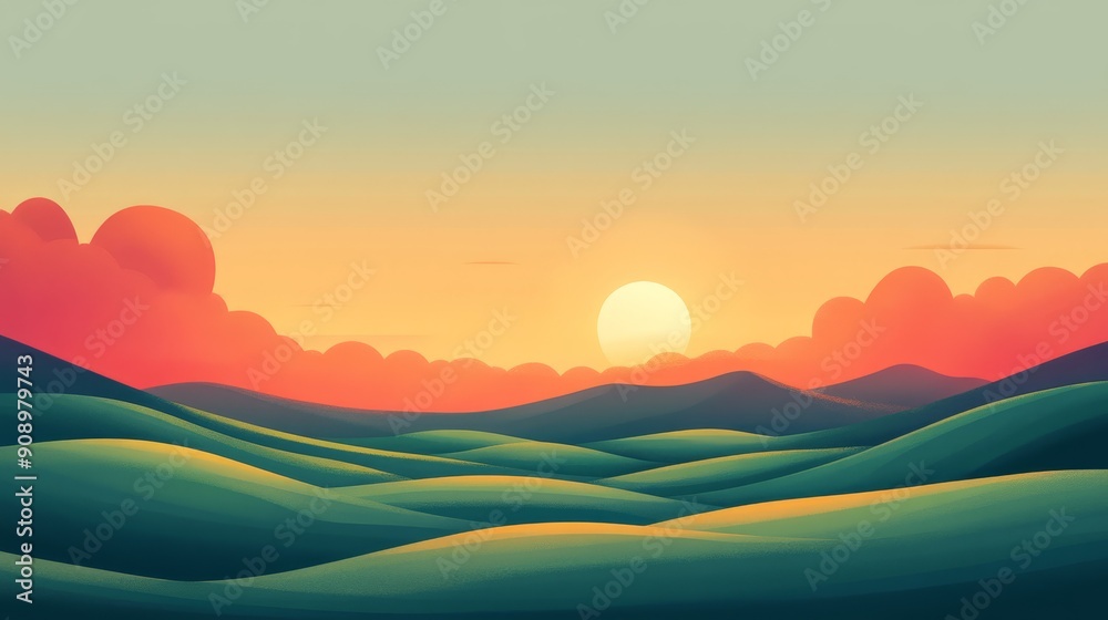 Sunset Over Rolling Green Hills With Clouds Sunset Over Rolling Green Hills With Clouds