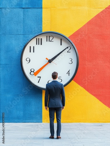 Businessman standing in front of large clock on colorful wall, symbolizing time management, deadlines, and productivity in a modern setting.