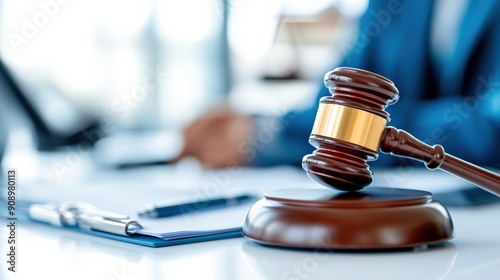 Close-up of a gavel and clipboard in a professional setting, symbolizing legal work, justice, and authority.