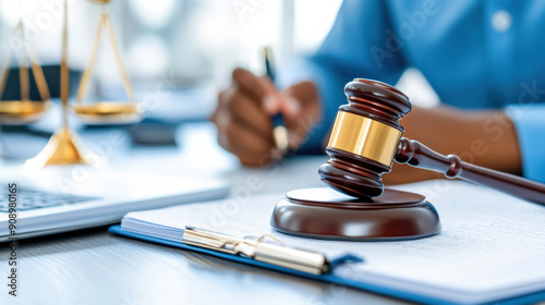 Close-up of a gavel next to legal documents and scales of justice on a desk, symbolizing law and justice.