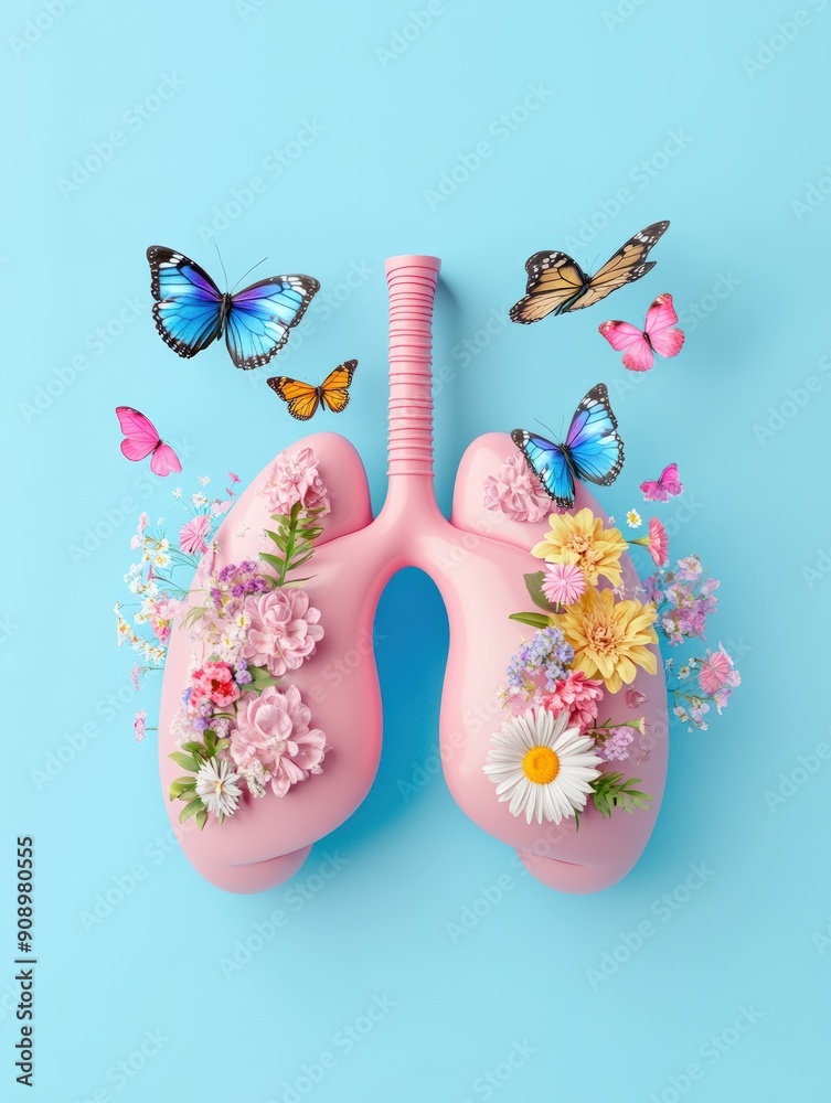 Colorful lungs with flowers and butterflies symbolize health, nature, and respiratory well-being against a vibrant blue background. Colorful lungs with flowers and butterflies symbolize health, nature, and respiratory well-being against a vibrant blue background.