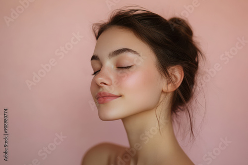 A close up of a girl's face with her eyes closed