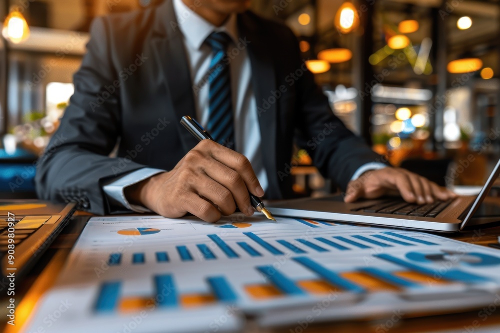 Business person working with digital graphs and charts in a modern, tech-driven office. Business person working with digital graphs and charts in a modern, tech-driven office.