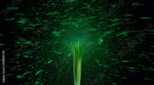 Green Swirl with Emerald Sparks Against a Black Background