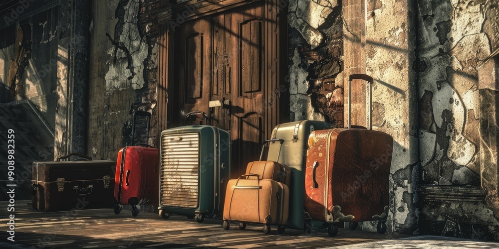 Fototapeta premium Stack of Old Suitcases in Dark Room