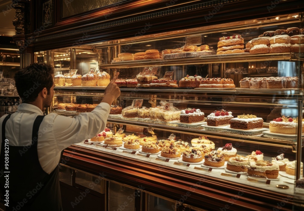 A French patisserie displaying a variety of exquisite pastries and cakes. A man points to one with his finger. The elegant interior, rich wood elements and warm lighting enhance the cozy atmosphere. A French patisserie displaying a variety of exquisite pastries and cakes. A man points to one with his finger. The elegant interior, rich wood elements and warm lighting enhance the cozy atmosphere.