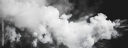 Abstract black and white powder explosion with dramatic clouds for graphic design, website, and social media. 